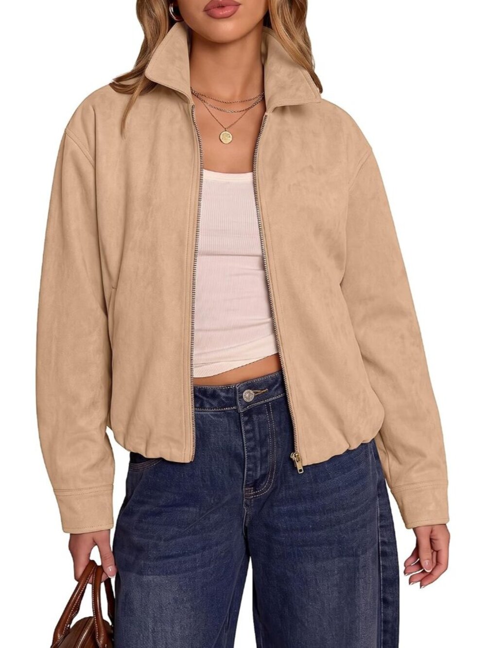 Women's Beige Long Sleeve Oversized Slash Pockets Drop Shoulder Bomber Jacket